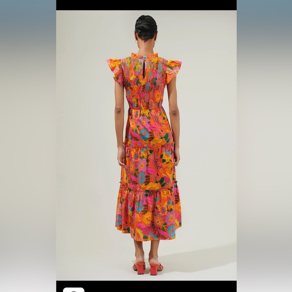 SugarLips Idalia Floral Smocked Midi Dress Orange Mutli - Picture 4 of 7